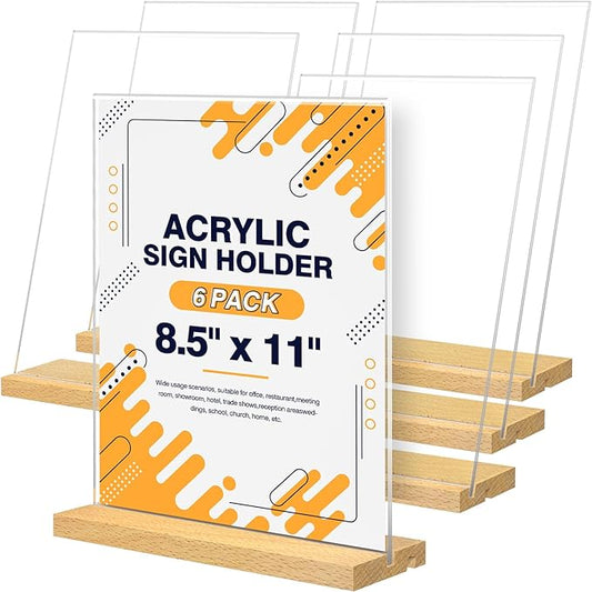 8.5 x 11 Acrylic Sign Holder with Wood Base - Tabletop Display Menu Stand - Clear Plastic L/T Shape Vertical or Slant Back Paper Holders - 6 pack