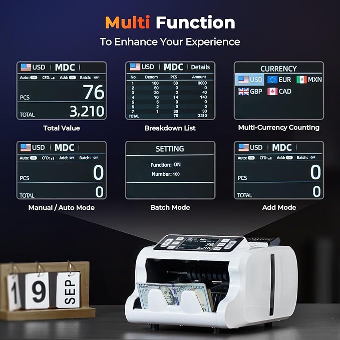 MUNBYN IMC09 Mixed Denomination Money Counter Machine, Value Counting, UV/MG/IR/MT Bill Counter, 3.5" TFT Display Money Counting Machine, USD, EUR, MXN, CAD Cash Counter for Business (White)