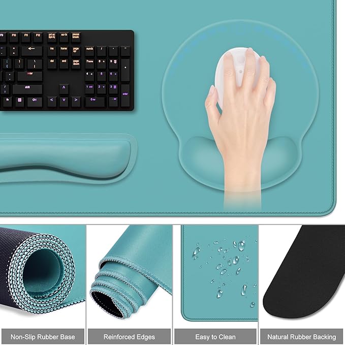 Dapesuom Large Gaming Mouse Pad, Mouse Pads with Wrist Rest Wrist Support, 4in1 Big XXL Desk Mat Desk Pad + Ergonomic Mousepad + Memory Foam Keyboard Mat Wrist Rest + Coaster Set for Computer, Green