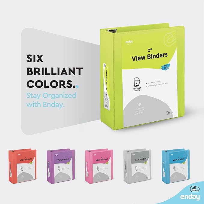 3 Slant D-Ring Binder 2 Inch Binder, 2 in Clear View Cover w/ 2 Inside Pocket, Heavy Duty Colored School Supplies Binders in Grey, Blue, Pink, Red, Green, Purple, Multicolor (6 PC) – by Enday