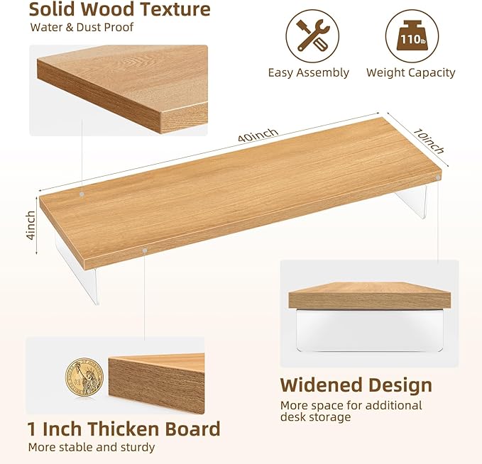 Dual Monitor Stand Riser, 40" Large Computer Monitor Stands for 2 Monitors, Wooden Desktop Organizer Shelf for Office Desk Computer, Laptop, TV, Monitor, Printer