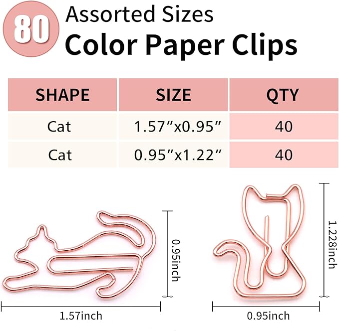 80 Pcs Rose Gold Cat Creative Metal Paper Clips - Fun Office Supplies for Cat Lovers (Rose Gold Catg)