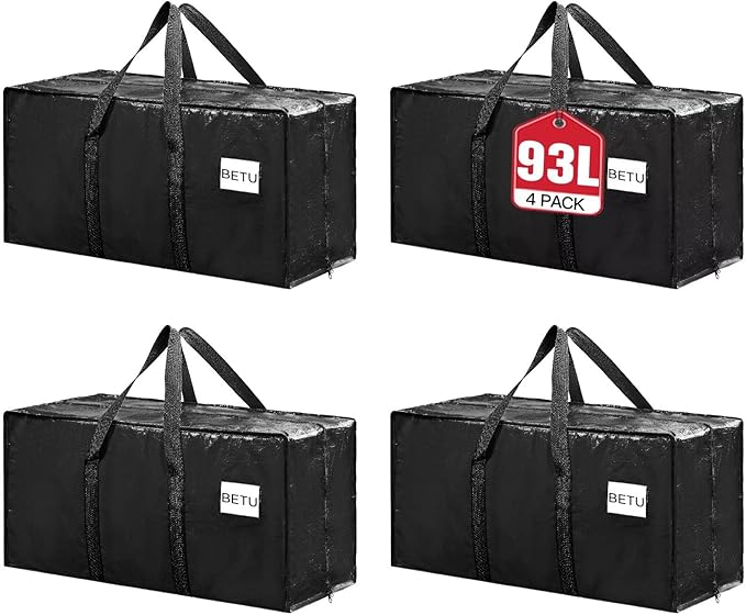 Extra Large Moving Bags Heavy Duty Storage Bags with Zipper Handles, BETU 4 Pack Clothes Storage Totes Bins Packing Moving Boxes, Moving Supplies for College Dorm Essentials, Space Saving, Black