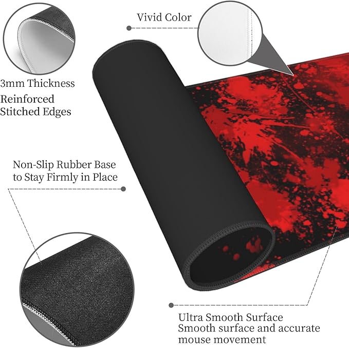 Halloween Scary Bloody Handprint Mouse Pad XL Extended Desk Mat, Non Slip Rubber Base Stitched Edge Gaming Pc Desktop Large Mice Pad,31.5 x 11.8 Inch