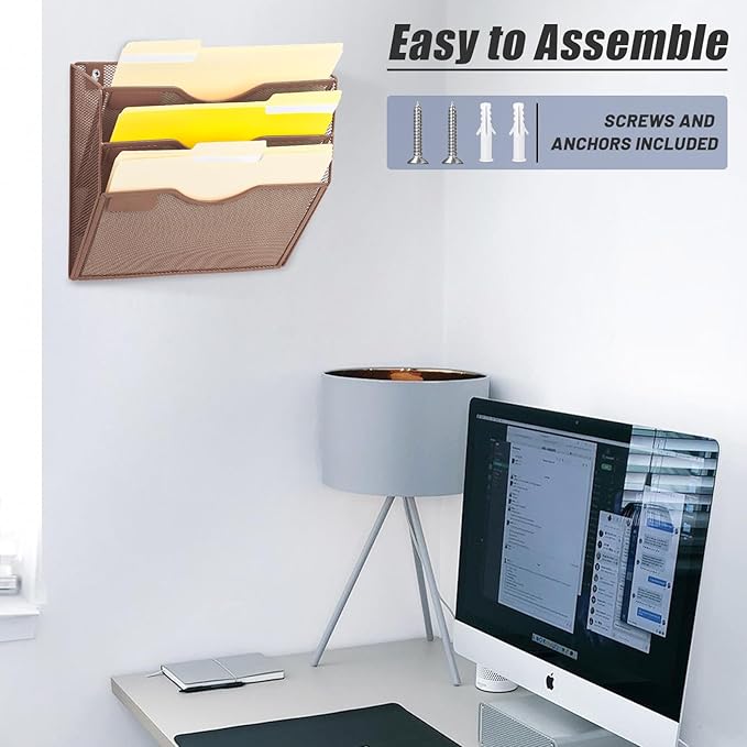 EASEPRES 3 Pocket Mesh Hanging Wall File Organizer, Wall Mounted Mail Paper Document Folder Holder, Clipboard Storage Organization Magazine Rack with Nametag Label for Office Home School, Brown