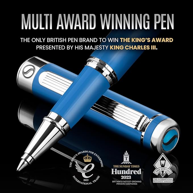 Scriveiner Sky Blue Rollerball Pen - Stunning Luxury PenWith Chrome Finish, Schmidt Ink Refill, Best Roller Ball Gift Set for Men & Women, Professional, Executive Office, Nice Pens