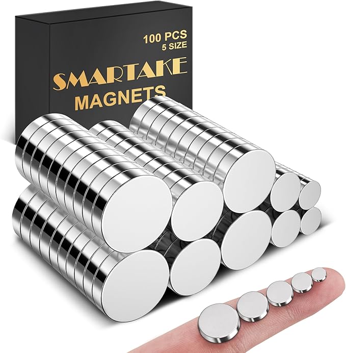 SMARTAKE 100 Pcs Rare Earth Magnets, 5-Size Multi-Use Premium Neodymium Fridge Magnets, for Refrigerator, Office, Whiteboard, Crafts, DIY Hobbies, Kitchen, Science, Billboard (Silver)