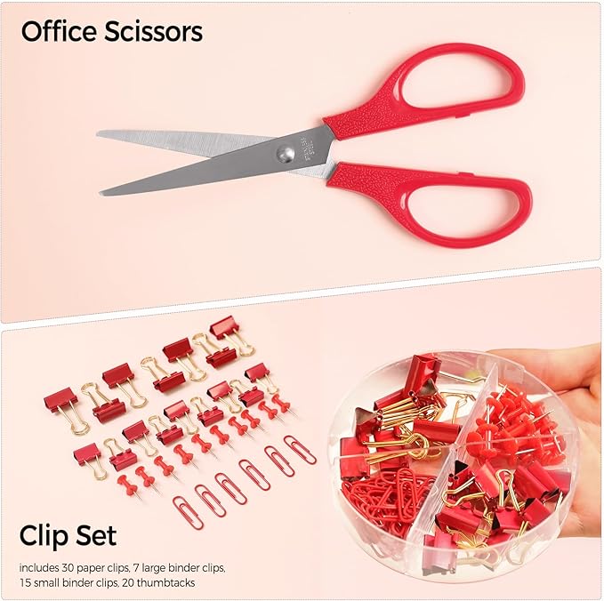 SKYDUE Red Office Supplies Set, Desk Accessories, Stapler, Tape Dispenser, Scissors, Binder/Paper Clips and 1000pcs Staples, Office Decor for Women