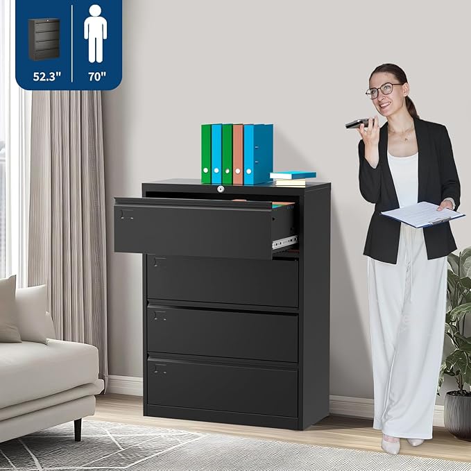 Lateral File Cabinet with Lock, 4-Drawer Heavy Duty Steel Office Storage for Letter/Legal/A4 Documents, Wide Metal Office Storage Organizer, Easy Assembly