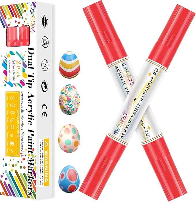 Paint Markers Paint Pens - 2 Pack Dual Tip Acrylic Permanent Marker (0.7mm & 3mm), Non-Toxic, Water-Based for Art Painting, Stone, Ceramic, Glass, Wood, Fabric, Metal, DIY Crafts (Red)