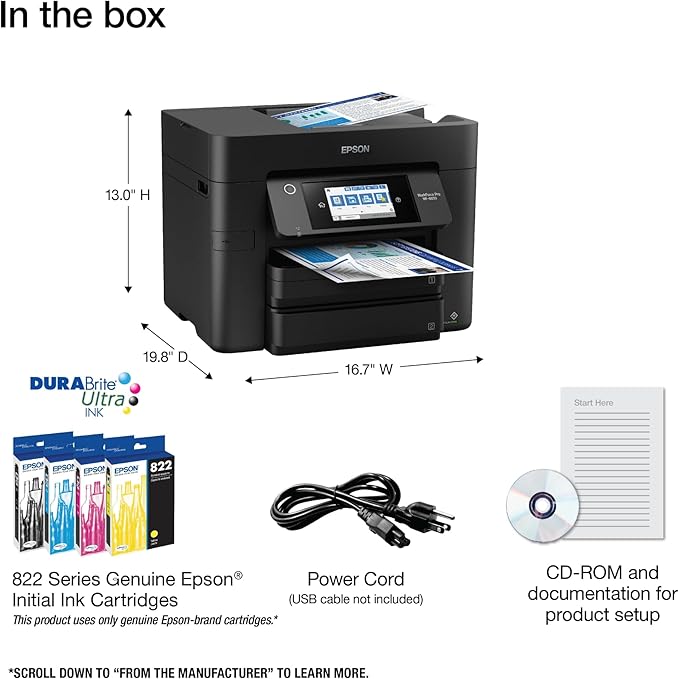 Epson Workforce Pro WF-4830 Wireless All-in-One Printer with Auto 2-Sided Print, Copy, Scan and Fax, 50-Page ADF, 500-sheet Paper Capacity, and 4.3" Color Touchscreen, Works with Alexa, Black, Large