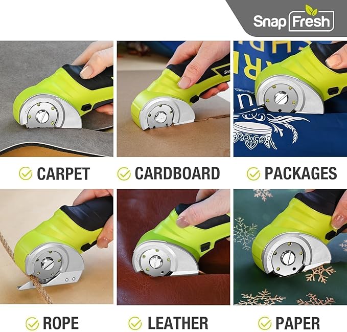 SnapFresh Cordless Electric Scissors, 4V Electric Mini Box Cutter, Carpet & Cardboard Cutter Tool with a Replacement Blade/Charger, Rotary Cutter for Cardboard Packages Leather Plastic （Green）