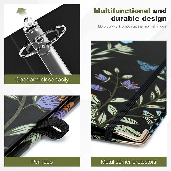 Ospelelf Binder 3 Ring 2 Inch, Floral Round Ring Clipboard Binder with 5 Tab Dividers for Letter Size Documents, File Folder Labels, for School and Office Supplies