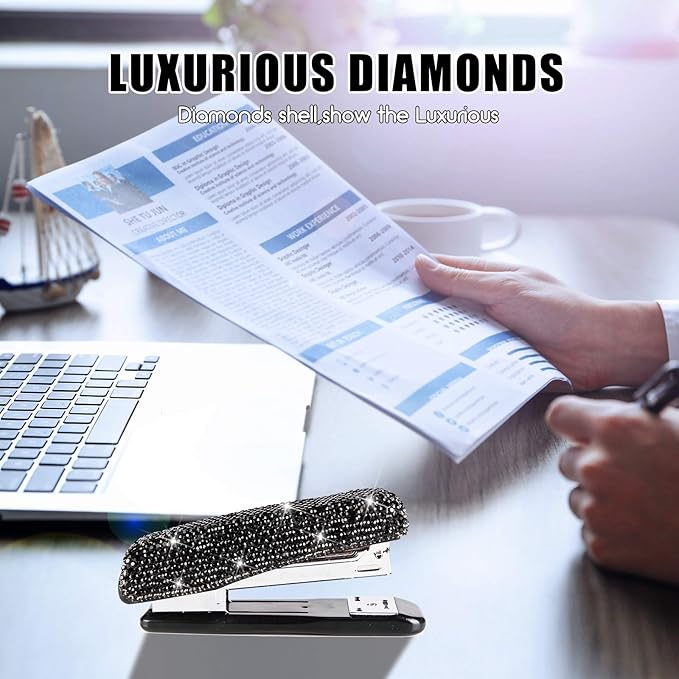Diamond Crystal Handmade Bling Dazzling Stapler for Office, School, or Home (Black)