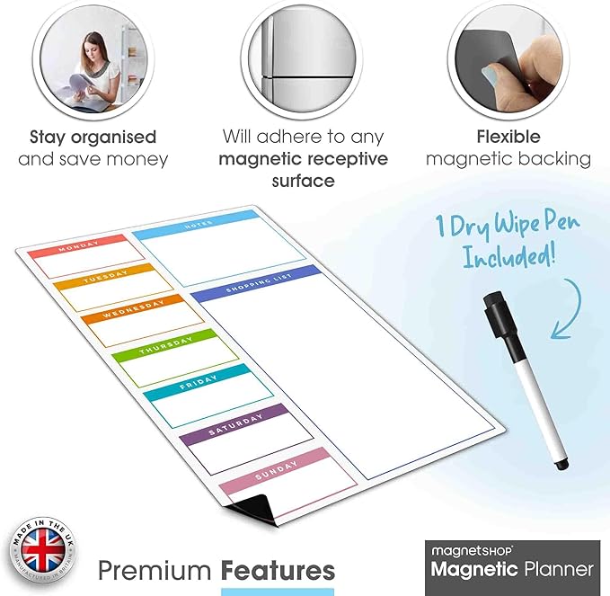 Magnetic Dry Erase White Board Planner for Fridge | Apartment Essentials and Home Organization Must Have | Family Planning, Grocery List, Whiteboard Calendar, Chore Chart | Multi-Color 8" x 12"