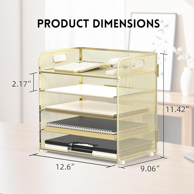 Supeasy 5 Trays Paper Organizer Letter Tray with Handle-Mesh Desk File Organizer, Paper Sorter Desk Organizer for Office, Home or School (Golden)