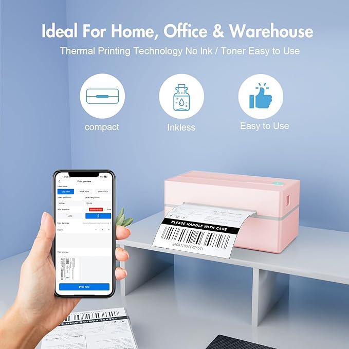 Bluetooth Thermal Shipping Label Printer: 4x6 Wireless Label Maker with Tape for Small Business - Compatible with iPhone, Android, Windows & Mac, Widely Used for USPS UPS Ebay Amazon Shopify, Pink