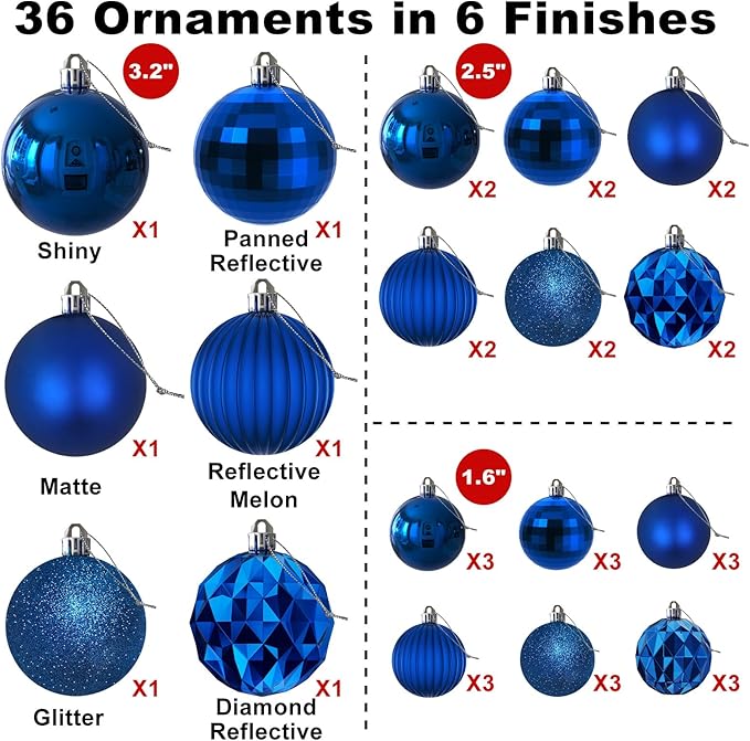 Royal Blue Christmas Ornaments - Christmas Tree Decorations Shatterproof Hanging Balls for Birthday Wedding Holiday Decor Set of 36pcs, Multi-Sizes(1.6",2.5",3.2")