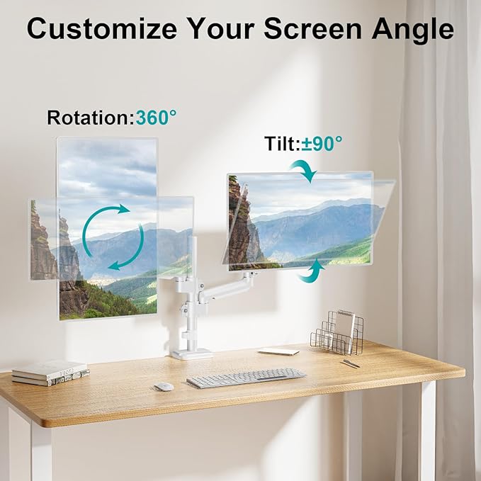 MOUNT PRO Dual Monitor Mount for 13-32" Computer Screen, Tall Monitor Stands for 2 Monitors, Adjustable Gas Spring Double Vertical Monitor Desk Mount, Each Arm Holds 4.4 to19.8lbs, VESA Mount, White