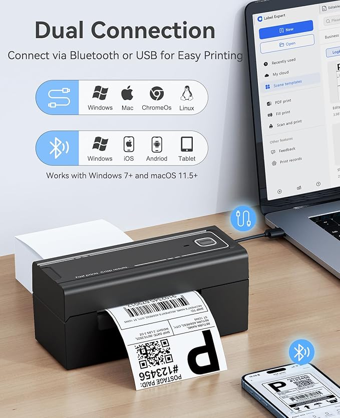 Bluetooth Thermal Label Printer, Wireless 4x6 Shipping Label Printer for Small Business, High-Speed Thermal Printer Compatible with Android, iOS & Windows for Amazon, Ebay, Shopify, USPS