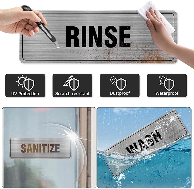 Wash Rinse Sanitize Sign Aluminum Silver 9 x 3 Inches Self-Adhesive Waterproof Metal Door Wall Sign for Business Offices 3 Pack