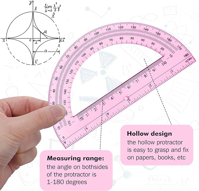 Zonon 2 Pcs 6 Inch Plastic Protractor Math Protractors 180 Degrees Angle Measurement, Translucent for Geometry Classroom Kid Student School Office Supplies(Light Pink)