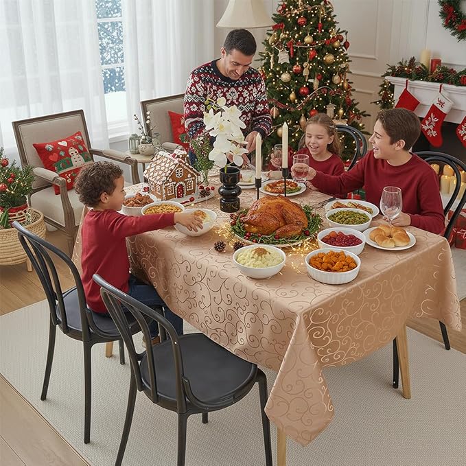 Romanvicky Christmas Jacquard Tablecloth Gold Floral Pattern Rectangle Table Cloth Spill Proof Wrinkle Resistant Polyester Table Cover for Party, Holiday, Thanksgiving Decoration, 60 x 102 Inch