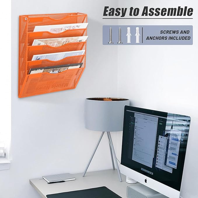 EASEPRES 5 Pocket Mesh Hanging Wall File Organizer, Wall Mounted Mail Paper Document Folder Holder, Clipboard Storage Organization Magazine Rack with Nametag Label for Office Home School, Orange