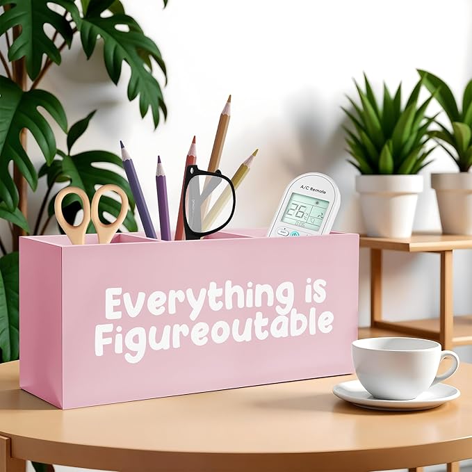 Everything Is Figureoutable Makeup Brush Toothbrush Holder, Preppy Coquette Pink Wooden Pen Pencil Holder Organizer for Dorm Bedroom Desk Accessories, Inspirational Gifts for Women