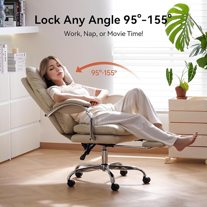 LEAGOO Office Chair with Foot Rest, Ergonomic Executive Office Chair with Arms, Reclining High Back PU Leather Comfy Swivel Computer Desk Chairs with Wheels and Lumbar Support for Home Office, Cream