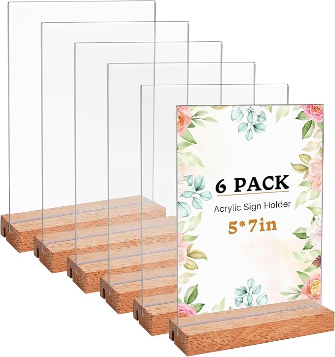 6 Pcs Acrylic Sign Holder 5 x 7 Inch, L Shape Clear Flyer Holder with Wood Base, Clear Stand Menu Table Display Holders Name Card for Office, Restaurant