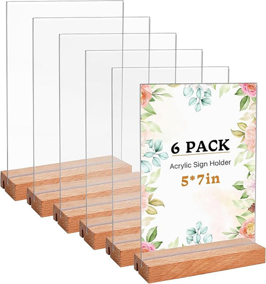 6 Pcs Acrylic Sign Holder 5 x 7 Inch, L Shape Clear Flyer Holder with Wood Base, Clear Stand Menu Table Display Holders Name Card for Office, Restaurant