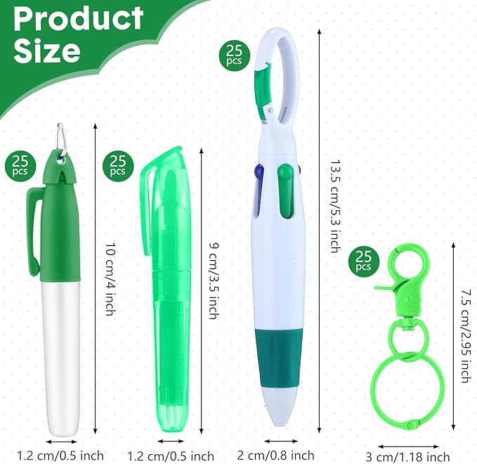 Sherr 25 Sets Retractable Nurse Pens with Mini Highlighter Permanent Marker Keychain Clip Badge Reel Pen Accessories for Nursing Students Medical Staff Office Stocking Stuffer Gift(Green)