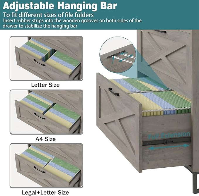 Lateral File Cabinet 2 Drawer File Cabinet with Charging Station for Legal/Letter/A4 Size Hanging Files, Modern Farmhouse Large Wood File Storage Cabinet for Home Office Furniture(Washed Gray)