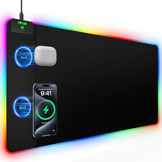 Mouse Pad with 15W Magnetic Wireless Charging 31.5x15.75 Inch, RGB Mousepad for Desk Mat, XXL Desk Pad with 11 Colors & 5 Modes, Home Office Large Keyboard Pad Waterproof Non-Slip for Gaming PC Setup