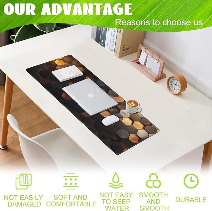 Desk Mat,Golden Honeycomb Technology Desk Pad,Honeycomb Technology Large Gaming Mouse Pad for Desk,Extended Big Computer Keyboard Mouse Pad with Non-Slip Base and Stitched Edge,31.5"x11.8"
