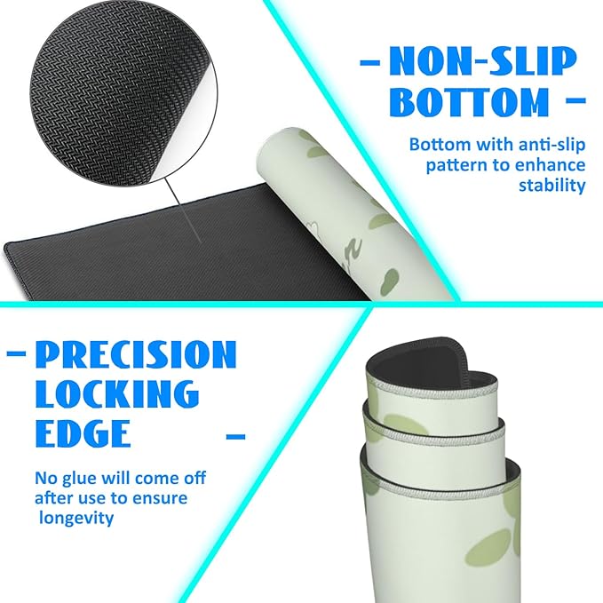 Desk Mat, Kawaii Green Flower Extended Gaming Mouse Pad Large, 35.4"x15.7" Big Mouse Pad with Non-Slip Base and Stitched Edge, Long Computer Keyboard Mouse Mat for Home Office Work