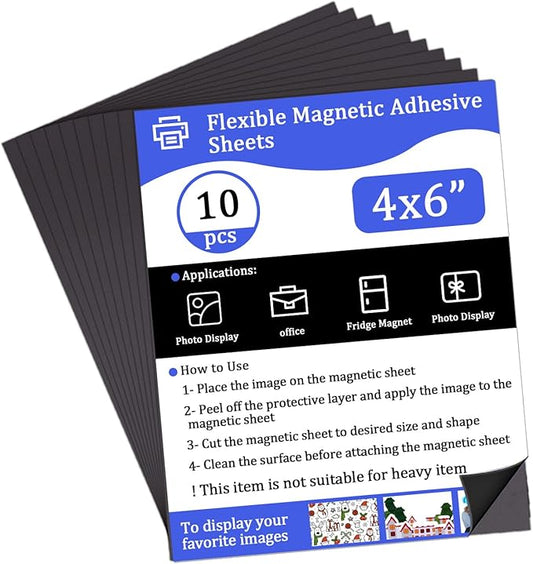 Magnetic Adhesive Sheets-4”x 6”,10 Pack-Sticky Magnets with Self Adhesive Backing-Flexible Magnetic Paper for Crafts,Photo and Picture Magnets