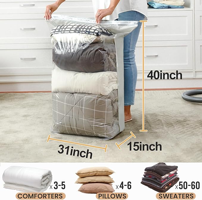 TAILI 10 Pack Vacuum Storage Bags, Jumbo Cube Space Saver Bags (31x40x15 Inch), Extra Large Vacuum Sealer Bags for Comforters Blankets Bedding Clothing, Closet Organizer, Cream
