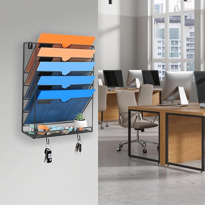 Wall File Organizer, 6 Pockets Mesh Hanging File Organizer, Wall Mount File Paper Folder Holder With Hooks, Wall Organizer Magazine Document Mail for Office School, Black