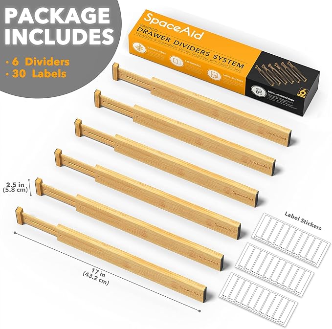 SpaceAid Bamboo Drawer Dividers with Labels, Kitchen Adjustable Drawer Organizers, Expandable Organization for Home, Office, Dressers and Bathroom, 6 Dividers (13.25-17 in)