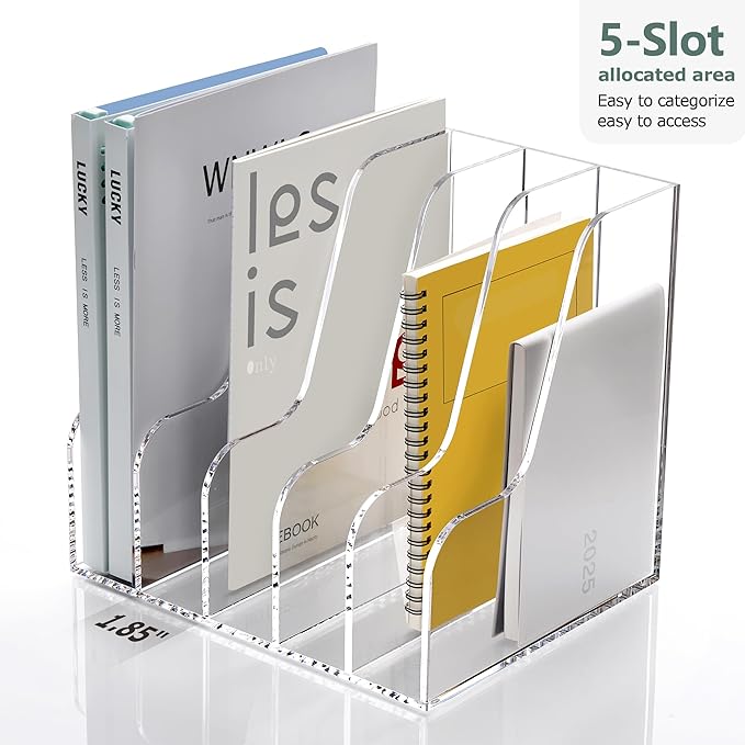 SANRUI Acrylic Desk Organizers, Clear Magazine File Holder, 5 Vertical Compartments A4 Folder Binder Holders Sorter, Office Desktop Workspace Organization Storage Rack for Office Home School