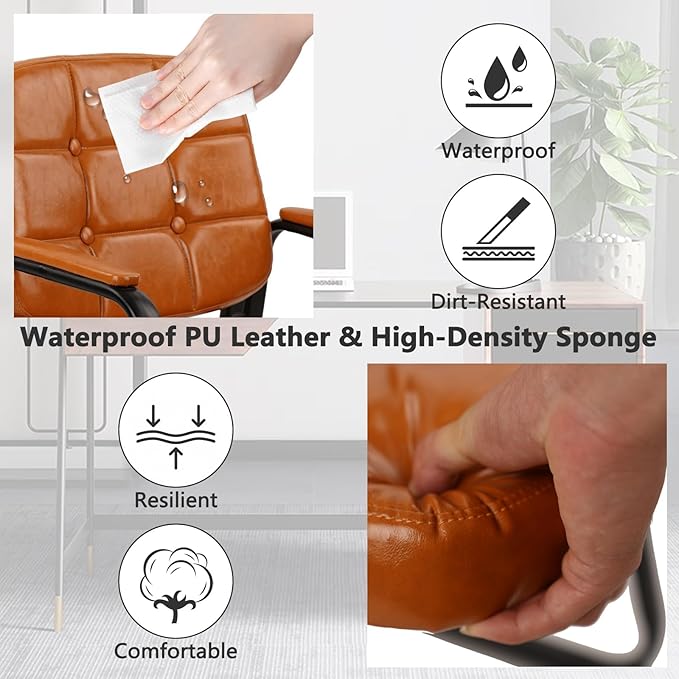 CLATINA Office Guest Chair, Leather Reception Chairs with Padded Arms, Desk Chair No Wheels Stationary for Conference Lobby Waiting Room Training Side Elderly, Set of 6-Orange