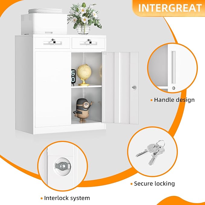 INTERGREAT Metal Cabinets with Drawers,White Metal Storage Cabinets with Doors and Shelves for Garage,Locking Garage Storage Cabinets Drawer 42"×36"×18"