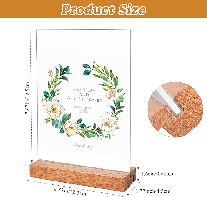 6 Pcs Acrylic Sign Holder 5 x 7 Inch, L Shape Clear Flyer Holder with Wood Base, Clear Stand Menu Table Display Holders Name Card for Office, Restaurant