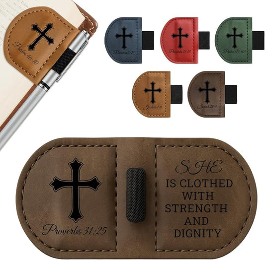Bygone Mark Personalized Magnetic Leather Bookmark with Pen Holder - Inspirational Bible Verse Scripture Design, Custom Book Marker for Book Lovers Men Women (Coffee-Proverbs 31:25)