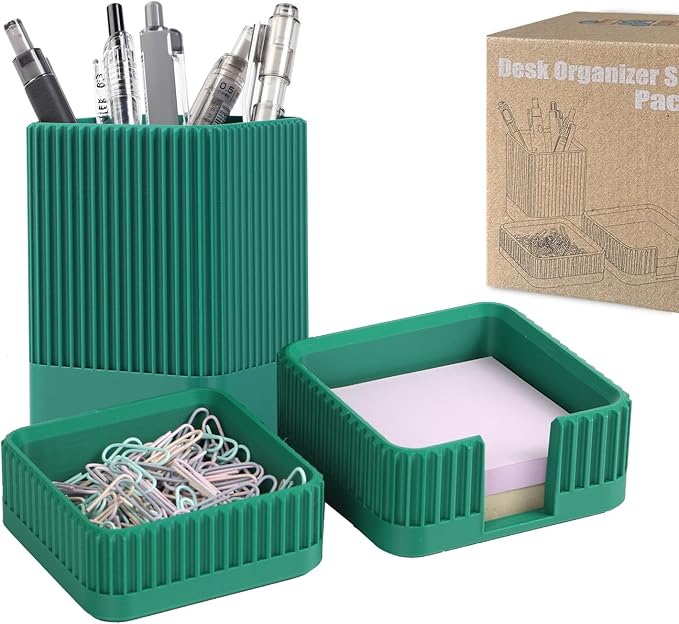 Aesthetic Desk Organizers and Accessories Set of 3 with Pen Holder,Paperclip Holder,Sticky Note Holder - Durable Plastic Pencil Holder for Office Women Men-Teacher Appreciation/Back-to-school Gift