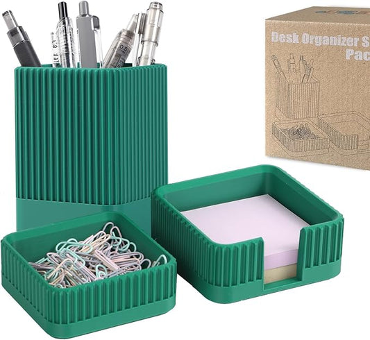 Aesthetic Desk Organizers and Accessories Set of 3 with Pen Holder,Paperclip Holder,Sticky Note Holder - Durable Plastic Pencil Holder for Office Women Men-Teacher Appreciation/Back-to-school Gift