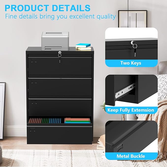 Lateral File Cabinet with Lock, 4-Drawer Heavy Duty Steel Office Storage for Letter/Legal/A4 Documents, Wide Metal Office Storage Organizer, Easy Assembly