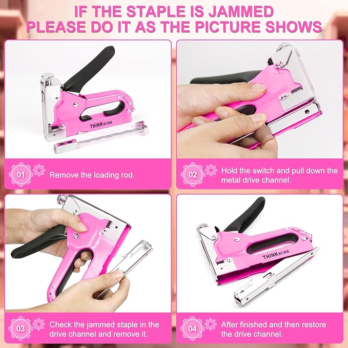 THINKOWRK 3 in 1 Staple Gun, Light Pink Staple Guns/Home Use Upholstery with 900 Staples, Nail Gun for Wood, Cable, Fabric, Wall, Material Repair, DIY Manual Stapler